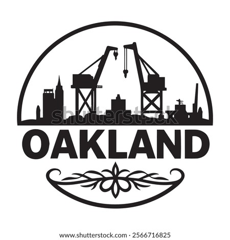 A dynamic design featuring the towering cranes of the Port of Oakland set against the vibrant Oakland skyline, highlighting the city's industrial and urban energy.