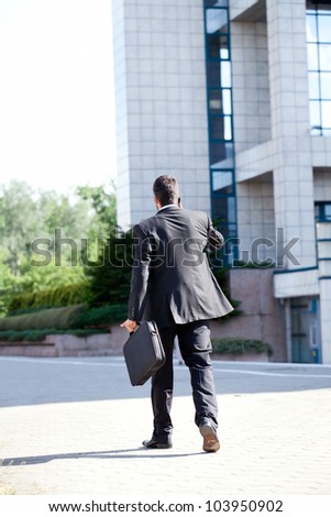 Business man leaving after a working day , end of a business day, back view