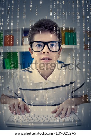 technology geek, nerd typing on keyboard, numbers fall down