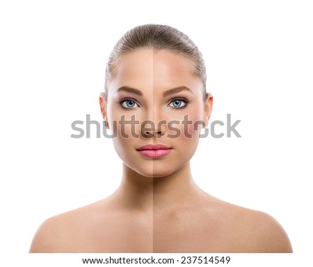 beautiful young woman on a white background, beauty concept, tan before and after, face divided in two parts, tanned and natural