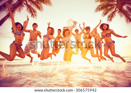 group of happy young people jumping  - Copy Space Blank Summer Vacation Holiday Concept