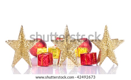 golden stars on white with red and gold gifts