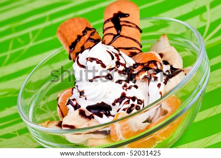 bowl of dessert with whipped cream and chocolate topping
