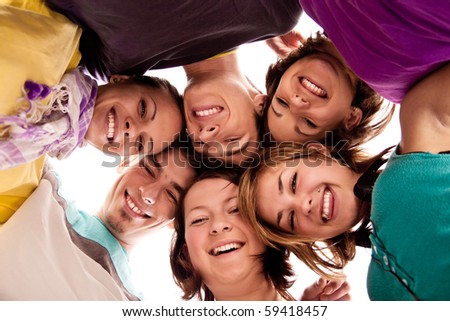 Group Of Happy Teenagers In Circle Ã?Â¢Ã?Â?Ã?Â? View From Below Stock ...