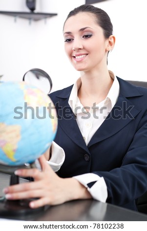 young businesswoman searching new job,  looking globe