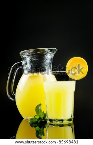 fresh natural lemonade with mint on black background