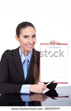 businesswoman holding document  with  empty place for signature, isolated on white background