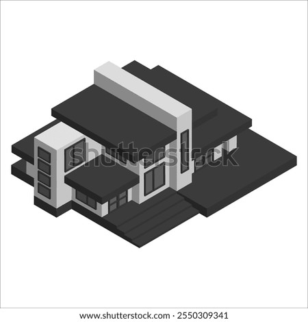 This isometric rendering showcases a modern private house with clean lines and minimalist design. Large windows enhance natural light, while the spacious terrace blends indoor and outdoor spaces. Ide
