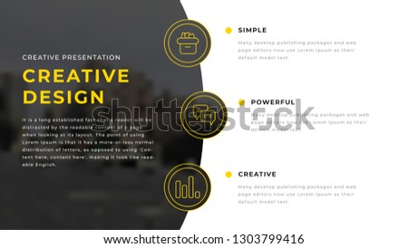 Three option icons business presentation template design with yellow and black elements on a white background. Rounded three buttons in a editable annual report flyer leaflet. Power point ppt file