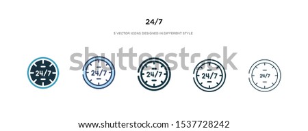 24/7 icon in different style vector illustration. two colored and black 24/7 vector icons designed in filled, outline, line and stroke style can be used for web, mobile, ui