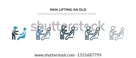 man lifting an old man icon in different style vector illustration. two colored and black man lifting an old vector icons designed in filled, outline, line and stroke style can be used for web,