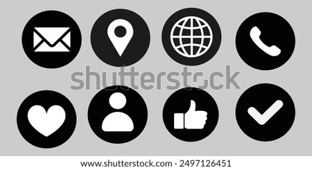 8 Set of Email, Location, Web, Phone, Love, human, like, Checkmark, icons silhouette vector style with white background