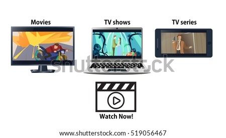 Multiplatform streaming service advertisement. Laptop, TV and phone with movies. Vector illustration.