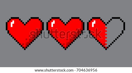 Vector pixel art 8 bit style hearts for game. Colorful stylized illustration with concept of spendable lives game mode. Two full hearts and one in half.