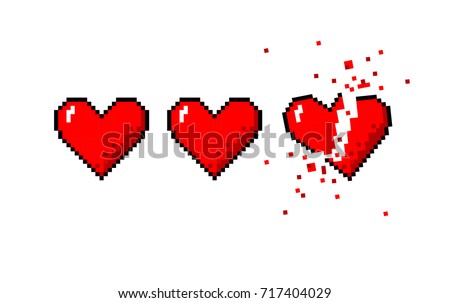 Vector pixel art 8 bit style hearts for game. Colorful stylized illustration with concept of spendable lives game mode or human health. Two full hearts and heart broken apart Stockfoto © 
