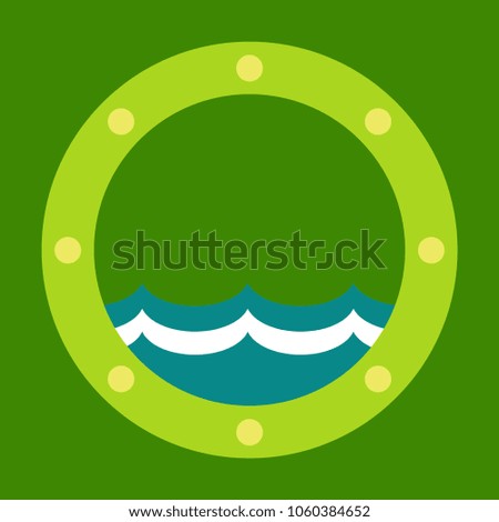 Vector illustration boat round porthole seascape . Metal ship porthole with rivets