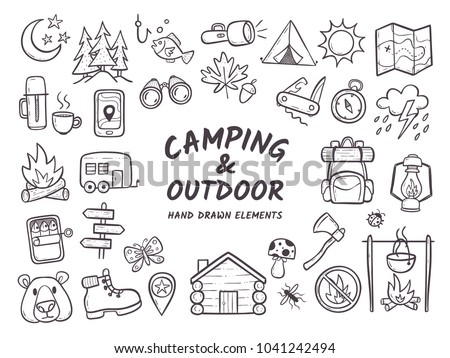 Hand drawn camping and hiking elements, isolated on white background. Cute background full of icons perfect for summer camp flyers and posters. Outlined vector illustration.
