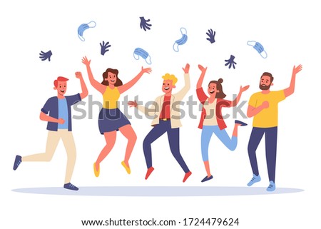 Group of five people celebrating the end of the Covid 19 Quarantine Pandemic throwing up their sanitary masks and gloves. Flat vector illustration isolated on white background.