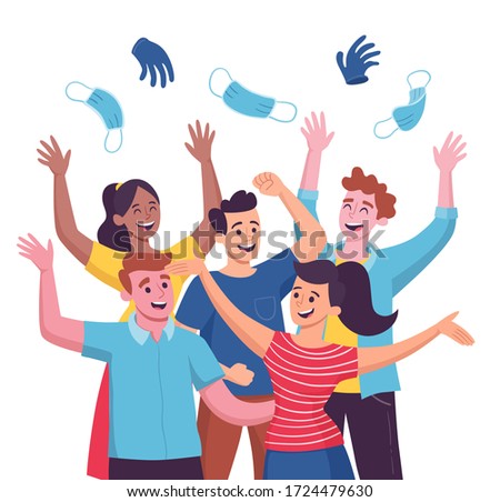 Group of five people celebrating the end of the Covid 19 Quarantine Pandemic, throwing up their sanitary masks and gloves. Cartoon vector illustration.