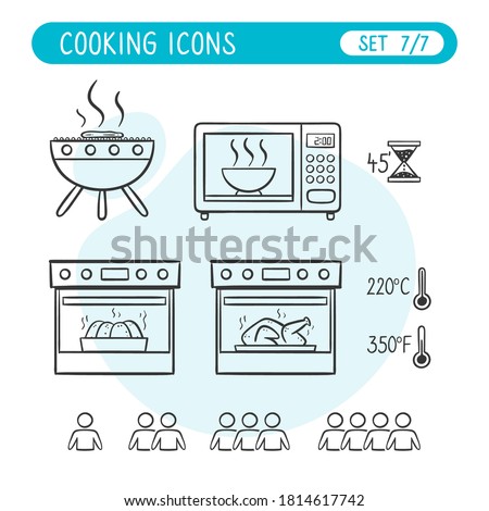 Cooking instructions icon set. Very useful to explain cooking recipes. Doodle style. Seventh part of seven images full collection.