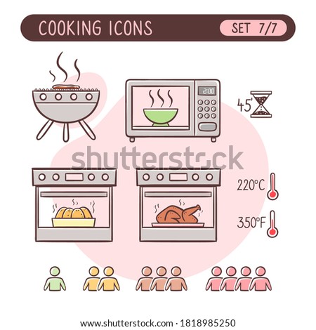 Cooking instructions icon set. Very useful to explain cooking recipes. Colorful hand drawn style. Seventh part of seven images full collection.