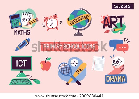 School subjects educational icons. Hand-drawn vector labels with primary school subjects. Perfect for timetables, websites, school apps, sticker design, etc