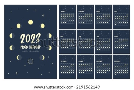 Calendar with all the moon phases foreseen during the year 2023. Poster in vector format. One month per sheet. Isolated icons: can be used independently. Northern Hemisphere Calendar.