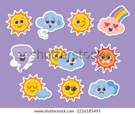 Weather forecast emoji stickers. Funny cartoon stickers of the sun and clouds with different emotions: happy, cool, sad, angry... Set 1 of 2. Vector illustration. 10 sticker collection.
