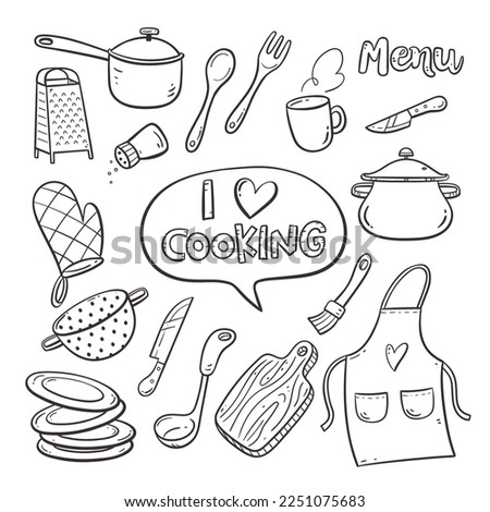 Doodle kitchen tools and appliances. Cute illustration with isolated cooking objects in vector format. Kitchen utensils collection. Illustration 2 of 2.