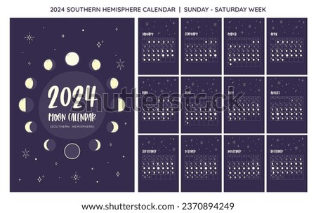 2024 Calendar. Moon phases foreseen from Souththern Hemisphere. One month per sheet. Week starts on SUNDAY. EPS Vector. No editable text.
