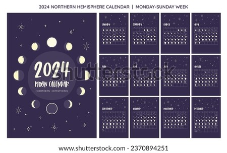 2024 Calendar. Moon phases foreseen from Northern Hemisphere. One month per sheet. Week starts on MONDAY. EPS Vector. No editable text.