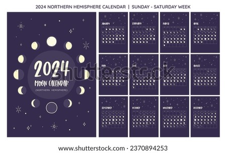 2024 Calendar. Moon phases foreseen from Northern Hemisphere. One month per sheet. Week starts on SUNDAY. EPS Vector. No editable text.