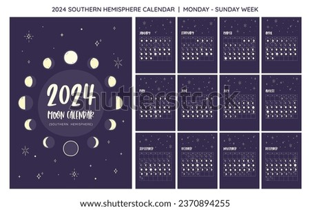 2024 Calendar. Moon phases foreseen from Southern Hemisphere. One month per sheet. Week starts on MONDAY. EPS Vector. No editable text.
