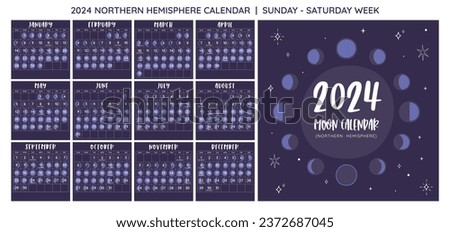 2024 Calendar. Moon phases foreseen from Northern Hemisphere. Square format. One month per sheet. Week starts on Sunday. EPS Vector. No editable text.