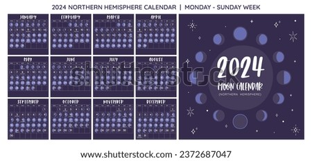 2024 Calendar. Moon phases foreseen from Northern Hemisphere. Square format. One month per sheet. Week starts on Monday. EPS Vector. No editable text.