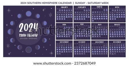 2024 Calendar. Moon phases foreseen from Southern Hemisphere. Square format. One month per sheet. Week starts on Sunday. EPS Vector. No editable text.