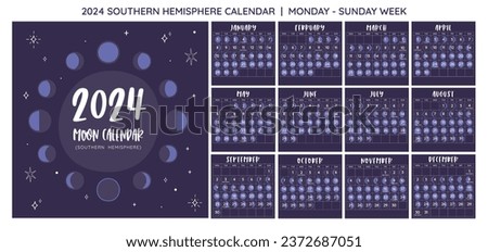 2024 Calendar. Moon phases foreseen from Southern Hemisphere. Square format. One month per sheet. Week starts on Monday. EPS Vector. No editable text.