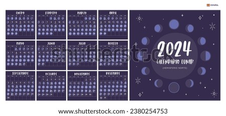 2024 Calendar. Moon phases foreseen from Northern Hemisphere. Spanish Text. Square format. One month per sheet. Week starts on Monday. EPS Vector. No editable text.