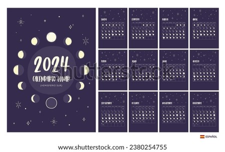 2024 Calendar. Moon phases foreseen from Southern Hemisphere. Spanish Text. One month per sheet. Week starts on Monday. EPS Vector. No editable text.