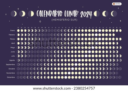 2024 Calendar. Moon phases foreseen from Southern Hemisphere. Spanish Text. Year view calendar. EPS Vector. No editable text.