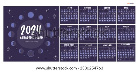 2024 Calendar. Moon phases foreseen from Southern Hemisphere. Spanish Text. One month per sheet. Square format. Week starts on Monday. EPS Vector. No editable text.