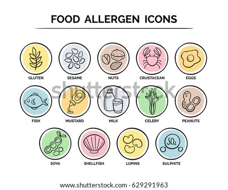 Food allergen icons set. 14 food ingredients that must be declared as allergens in the EU. Useful for restaurants and meals. Hand drawn doodle version. Foto stock © 