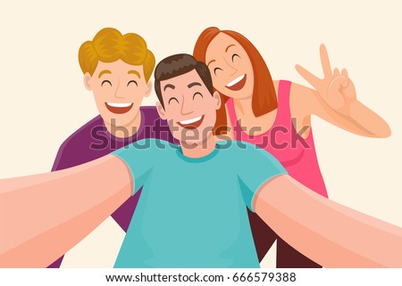 Group of three friends taking a selfie and laughing. Friendship and youth concept. Vector illustration.