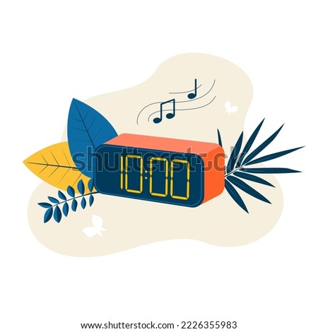 The alarm clock rings at 10 o'clock. Concept of timetable, schedule, organization of daily activities. Flat illustration for landing, banners, flyer