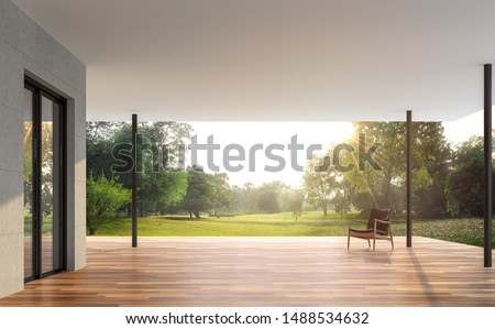 Empty contemporary terrace with garden view 3d render, There are wooden floor and concrete tile wall, funished with leather chair,looking out over the large garden in the morning.