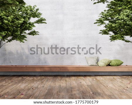 Minimal loft style outdoor terrace 3d render,There are wooden floors, empty concrete walls decorate with long wood bench and green pillow