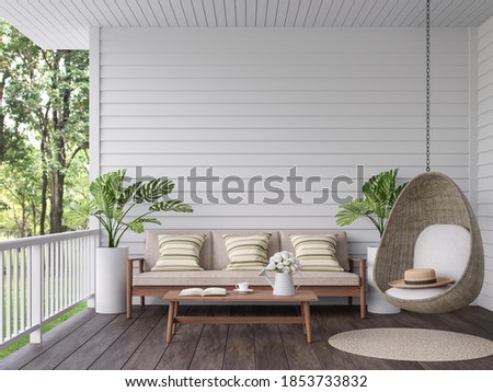 Vintage terrace with nature view 3d render, There are old wooden floor and white plank wall,decorate with wood,fabric and rattan furniture,overlooking to the green garden background