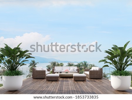 Large wooden terrace with sea view 3d render,There has wooden floors,glass railing,decorated with fabric and rattan furniture, decorated with big tree pot