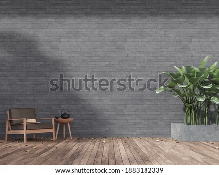 Wooden terrace with empty gray nature stone wall 3d render,decorate with brower leather chair,Leaves on the floor