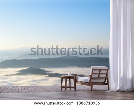 Wooden terrace with sea of fog view 3d render.There has wooden floor.Furnished with wood and fabric furniture.Looking out to mountains view in the morning.